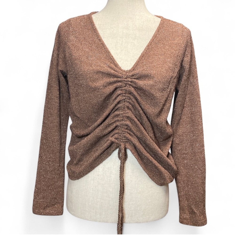 Daytrip Metallic Rust V-Neck Ruched Front Sweater